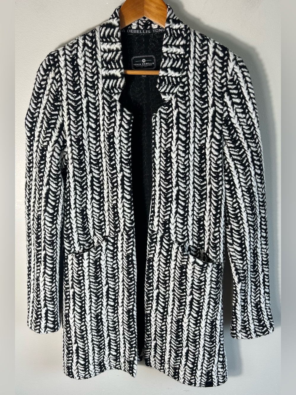 Tonia DeBellis Black White Textured Knit Open Front Jacket Canada Quiet Luxury